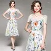 Sukienki swobodne kobiety Summer Vintage Designer Sukienka Runway Wysokiej jakości impreza Elegancka elegancka linia drukowana midi damskie szatę