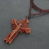 Pendant Necklaces Women Catholic Crucifix Cross Necklace Red Acrylic Sun God Retro Religious Jesus Jewelry Men Gifts IARI