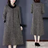 Robes décontractées gris 5XL en peluche rembourré chaud robe 2023 tante hiver Vintage Midi femmes élégant ample fête Vestidos