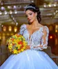 Arabic Aso Ebi Scoop Neck Long Sleeves Wedding Dresses Ball Gown Lace Appliqued Middle East Dubai Bridal Gowns Formal Plus Size Satin Elegant Vestidos De Novia CL2433