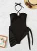 Women's Swimwear Women's 2023 One Piece Swimsuit Women Solid Black Ribbled Halter Bandage Monokini Sexy Bathing Suit With Skirts Female