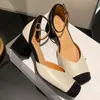 Geklede schoenen Aanbieding Dames Dames Koe Leer Stof Patchwork Dikke Hoge Hak Vierkante Teen Enkelbandje Zomer Pumps Elegante Sandalen