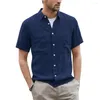 Mannen Casual Shirts 2023 Zomer Mode Button-Up Mannen Shirt Katoen Linnen Korte Mouw Twee Zakken Brede Kraag tops Kleding Streetwear