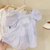 女の子のドレス印刷夏の子供幼児の女の子の服パープルバースデードレス幼児女の子メッシュプリンセスR230612