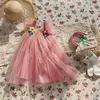 Girl's Dresses Beautiful three-dimensional Flower Girls Mesh Dress 2023 Summer New Flying Sleeve Baby Birthday Party Princess R230612