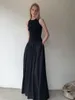 Sporty Black Long TankDress Woman Spring Summer O Neck Floor-length Office Lady Casual Pockets Dresses for Women