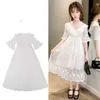 Girl's Dresses Kids Teenage Ruffles Neck Floral Embroidery White Sleeve Mesh Princess Long Dress Teens Girls Clothes