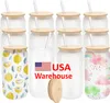 US CA Warehoue 16oz Sublimationsbecher, Glasrohlinge, Tassen, klar gefrostete Einmachglasbecher, Wasserflasche mit Plastikstrohhalm und Bambusdeckel
