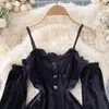 Casual Dresses Ins Fashion Women Princess Black Mini Dress Off Shoulders High midje Lace Patchwork Gothic Korean Party Vestidos SR560