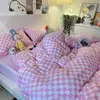 Conjuntos de cama nórdico rosa preto xadrez capa de edredom com estojo lençol infantil meninas conjuntos de cama king queen twin kawaii z0612