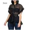 T-shirts pour femmes Femmes Mesh Net Blouse Sheer Short Sleeve Ladies Shirt Black Front Hollow Sexy Tops Womens Clothing Summer Femme Blouses