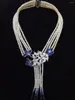 Kedjor 5 trådar 20 "White Pearl Necklace Cz Sapphire Tassel Pendant