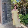 カジュアルドレス夏の黄色のマキシスリップドレス女性2023長いエレガントな妖精の結婚式のためのストラップ