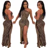 Casual Dresses 2023 Women Sexy Sparkly Shiny Mesh Splice Rhinestone Mini Dress Sleeveless One Shoulder High Split Tight Long Clubwear