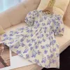 Kız Elbiseleri Yaz Prenses Mor Çiçek Elbise Kabarcık Kolları Kıyafetleri Çocuk Giyim 2-7 yıl