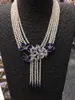 Kedjor 5 trådar 20 "White Pearl Necklace Cz Sapphire Tassel Pendant