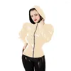 Women's Jackets Women PVC Shiny Jacket Club Faux Latex Slim Puff Long Sleeve Hooded Coat Streetwear Solid Big Size Zip-up Top T-shirt