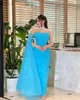 Robes de bal en mousseline de soie bleue Sheat à manches longues de la gaine Robe de soirée ruched le cou de la cheville arabe Dubaï Femmes de fête de fête 407