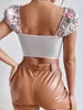 Magliette da donna Corsetto da donna Crop Top Elegante manica corta con scollo a V Sweetheart Tee Button Front Flower Pattern Vest Ritagliata Carino