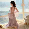 Women's Sleepwear Women Faux Silky Bride Night Dress Sexy Lace Pamajas Lingerie Summer Long Sleeve Nightgown Elegant Satin French Gowns