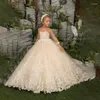 Vestidos de menina flor para festa de casamento apliques de renda querido até o chão botão traseiro vestido de baile Robe Princesse Fille Vestidos