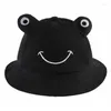 Bérets enfant en bas âge enfants dessin animé grenouille broderie large bord soleil seau chapeau avec mentonnière