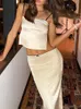 Two Piece Dress CHRONSTYLE Satin 2 Set Women Suits Retro Sleeveless Strap Backless Tieup Camis Tank Low Waist Back Split Long Skirts 2023 230612