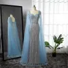 Vestidos atractivos urbanos Serene Hill azul árabe sirena elegantes mangas del cabo vestidos de noche 2023 con cuentas de lujo para fiesta de mujeres CLA71715 230612