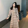 Casual Dresses Spring Women Chiffon Vintage Mid-calf Dress Loose Button Turn-down Collar Fashion Belt Plaid Long Sleeve Female