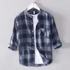 Men's Casual Shirts Mens Cotton Linen Plaid 3/4 Sleeve Shirt Men Stand Collar Flax Social Business Dress Male Tops Cloth TS-506