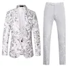 Costumes À la mode hommes costume à fleurs noir blanc coupe ajustée mâle mariage Banquet blazers et pantalons taille S M L XL 2XL 3XL 4XL 5XL