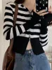 Tricots pour femmes Vintage Black White Stripe Y2K Base Chandails Femmes Mince À Manches Longues Slim Crop Top Zip Up Veste Cardigan Chandail Tricoté