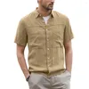 Mannen Casual Shirts 2023 Zomer Mode Button-Up Mannen Shirt Katoen Linnen Korte Mouw Twee Zakken Brede Kraag tops Kleding Streetwear