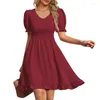 Party Dresses Women Short Puff Sleeve Swiss-Dot Pleated Swing Midi Dress V-Neck Shirred Elastic Waist Flowy A-Line With Pockets H7EF