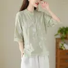 Frauen Blusen Frauen Top Sommer 2023 Mode Ramie Kurzarm Stickerei Organza Gespleißt Baumwolle Und Leinen Hemd Floral Blusa z1869