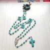 Naszyjniki wisiorek qigo niebieski kamień długi krzyżowy naszyjnik różańca dla kobiet mężczyzn religijne biżuteria