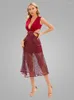 Casual Dresses Sexig Deep V Neck Sequin Hollow Out Midi Dress Elegant Wine Röd ärmlösa Glitter Women Party Evening Club