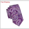 Klassiska siden Mens Neslits Purple Tie Set Paisley Mens Sleptiestie Hanky ​​Cufflinks Jacquard Woven Meeting Business Wedding Party 260y