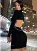 Casual Dresses Women Sexy Bodycon Mini Short Bandage Dress Turtleneck Long Sleeve Cut Out Waist With Gold Chain Back Evening Party