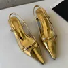 Sandálias de verão Golden Pumps Mulheres Salto Alto Novo na Primavera Moda Slingback Senhoras Sapatos de Salto Feminino Luxo 230511