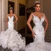 Abiti da sposa a sirena bianca di lusso per le donne arabe scollo a V con spalle scoperte Perline in pizzo con volant a cascata Abito da sposa sexy Abiti da sposa su misura