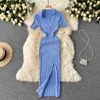 Abiti casual Chic Stripe Elastic Slim Elegante Split Wrap Vestito aderente Sexy manica corta Risvolto casual Moda donna Maglia Vestido Abito tubino Z0612