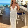 Puloru Backless Crochet Malha Long Beach Dress Summer Sexy Women Sleeveless Deep V-neck Sling Bodycon Dresses Vacation