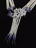 Kedjor 5 trådar 20 "White Pearl Necklace Cz Sapphire Tassel Pendant