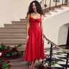 Swobodne sukienki eleganckie linię podzielone sukienkę midi lato seksowny pasek spaghetti koronkowy w górę Czerwona impreza wakacyjna wieczór solidne ubrania dla kobiet