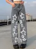 Dames Jeans COZOK Star Print Rechte Vrouw Mode Gewassen Zakken Gestikt Streep Grunge Streetwear Bodems Denim Broek Esthetische