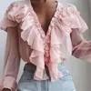 Blusa Feminina Primavera Branca com Babados Manga Comprida Top Chiffon Camisa Trabalho Casual Senhora Cor Sólida Blusas Rosa com Decote em V Túnica