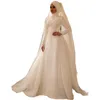 Elegant Hijab Muslim Lace A Line Wedding Dresses High Neck Long Sleeves Arabic Dubai Bridal Gowns Pearls Beaded Ivory Tulle Islamic Bride Wear 2023