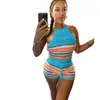 Summer Womens New Sweater Set Tracksuits Fashion Open Back Hanging Neck Top Wrapped Hip Tight Shorts Two Pieces Outfits