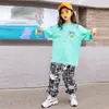 Kleidung Sets Kid Hip Hop Grün Top Casual Straße Brief Jogger Hosen Für Mädchen Jungen Jazz Dance Kostüm Kleidung Set